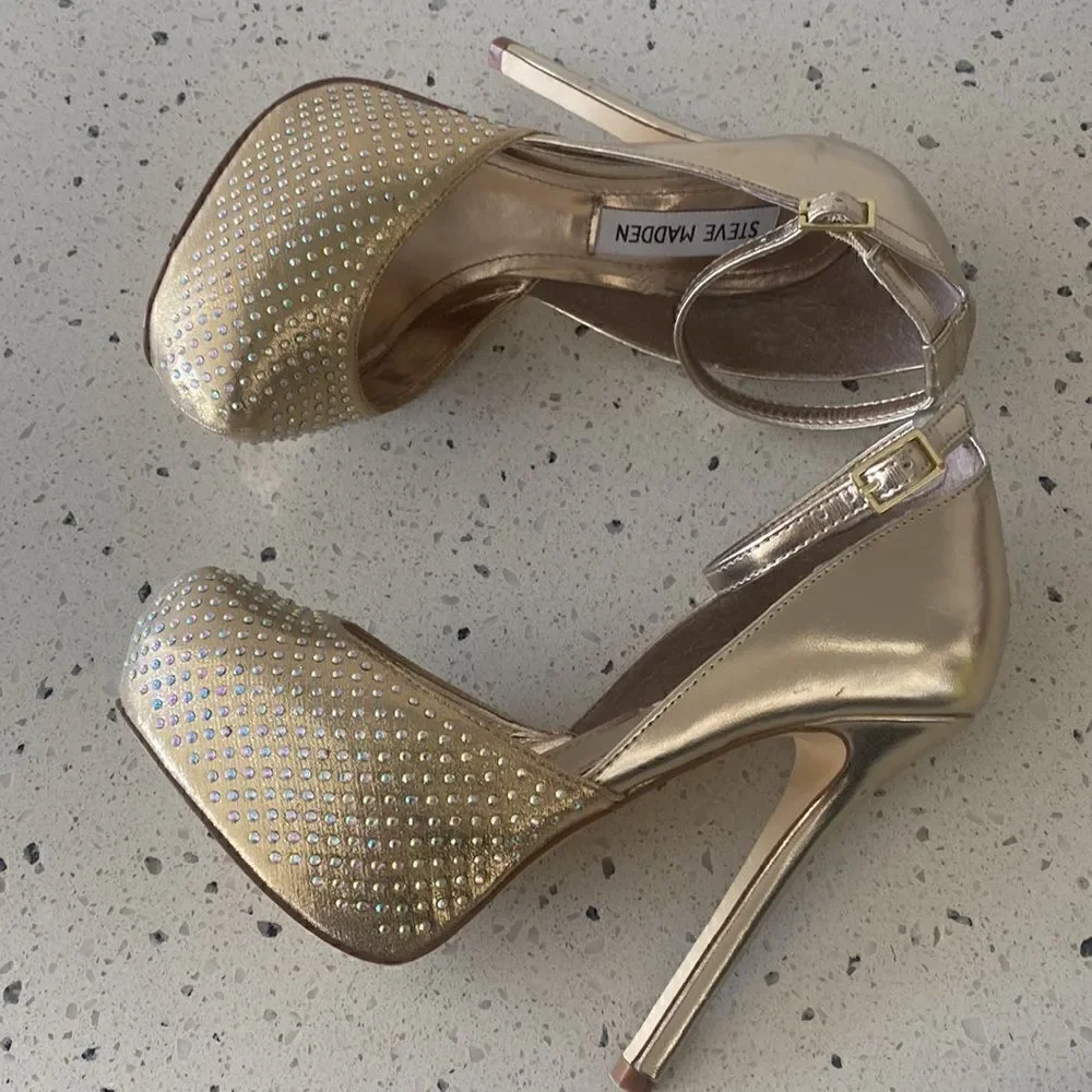 Steve Madden MEA Gold Bling Platform Stiletto Heels Ankle Strap Size Size 6